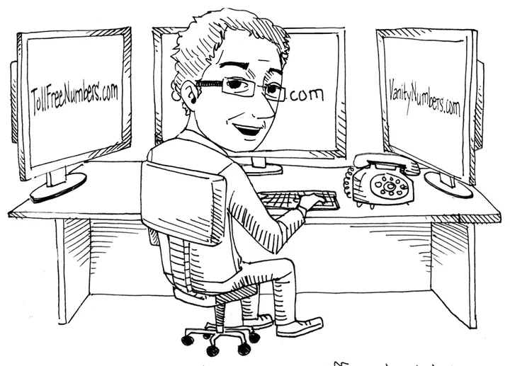 Bill Quimby at his desk with three monitors showing TollFreeNumbers.com, a sister site, and VanityNumbers.com, with an old rotary telephone beside the keyboard